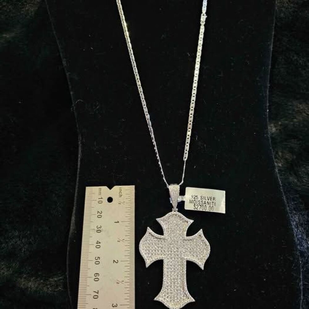 14CTW Moissanite Cross Pendant on 22" chain in 925 sterling silver.